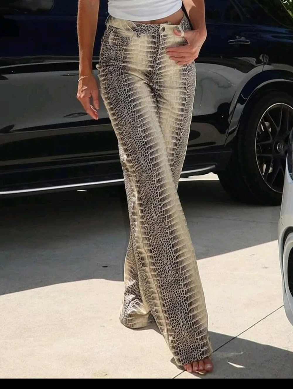 Wide Leg Snakeskin Print Pants - Beige - Picture 3 of 8